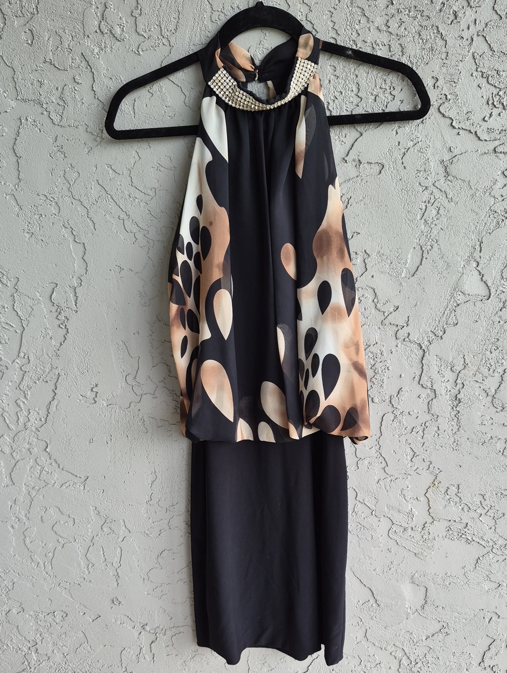 Beaded Halter Pencil Dress in Black and Beige Floral